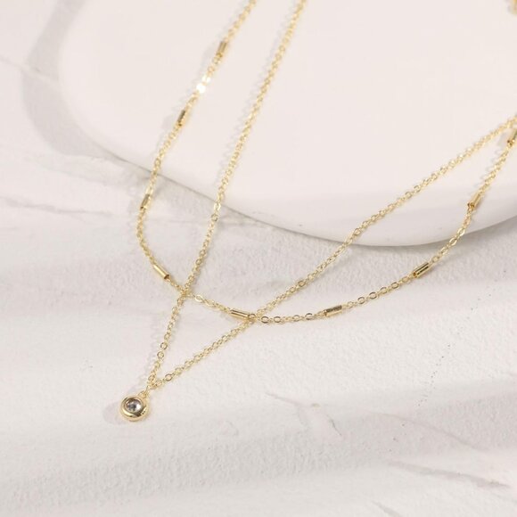 Layered Gold Necklace for Women Dainty Choker Chain with Cubic Zirconia Pendant - Picture 5 of 6